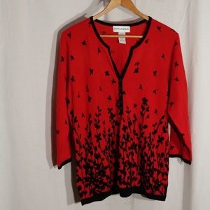 Cathy Daniels red&black floral 3/4 sleeve sweater